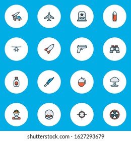 Warfare icons colored line set with bio hazard, bullet, binoculars and other rip elements. Isolated vector illustration warfare icons.
