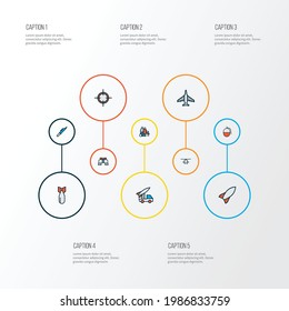 Warfare icons colored line set with fighter, military knife, military helicopter and other dynamite elements. Isolated vector illustration warfare icons.
