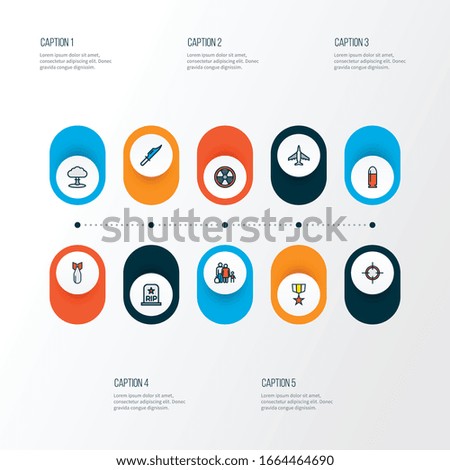 Warfare icons colored line set with nuclear explosion, refugee, military knife and other fugitive elements. Isolated vector illustration warfare icons.