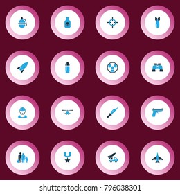 Warfare icons colored set with bio hazard, medal, bullet and other refugee elements. Isolated vector illustration warfare icons.
