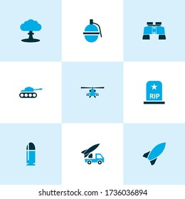Warfare icons colored set with bomb, zoom, boom and other explosion elements. Isolated vector illustration warfare icons.