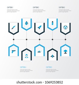 Warfare icons colored set with firearm, officer, dynamite and other knife elements. Isolated vector illustration warfare icons.