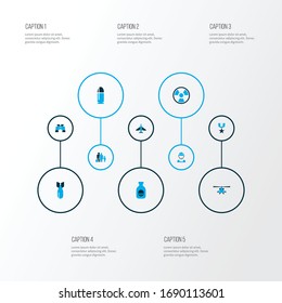 Warfare icons colored set with shot, radiation, fugitive and other bomb elements. Isolated vector illustration warfare icons.