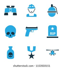 Warfare icons colored set with venom, zoom, order and other helicopter elements. Isolated vector illustration warfare icons.