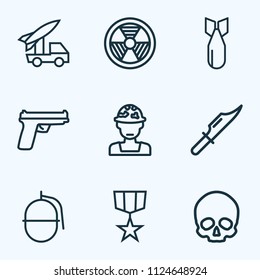 Warfare icons line style set with bio hazard, grenade, artillery and other weapon  elements. Isolated vector illustration warfare icons.