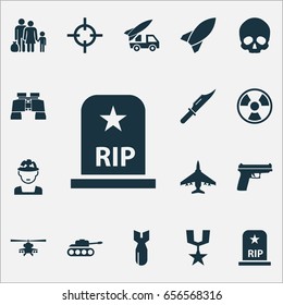 Warfare Icons Set. Collection Of Aircraft, Panzer, Chopper And Other Elements. Also Includes Symbols Such As Skull, Cranium, Bomber.