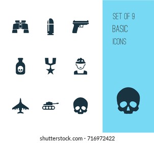 Warfare Icons Set. Collection Of Aircraft, Panzer, Cranium And Other Elements. Also Includes Symbols Such As Poison, Cranium, Oficer.