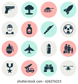 Warfare Icons Set. Collection Of Atom, Slug, Cutter And Other Elements. Also Includes Symbols Such As Weapons, Chopper, Order.