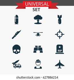Warfare Icons Set. Collection Of Atom, Ordnance, Cranium And Other Elements. Also Includes Symbols Such As Nuclear, Skull, Head.