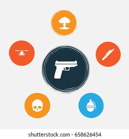 Warfare Icons Set. Collection Of Atom, Cutter, Cranium And Other Elements. Also Includes Symbols Such As Nuclear, Fire, Atom.