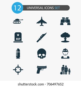 Warfare Icons Set. Collection Of Atom, Slug, Weapons And Other Elements. Also Includes Symbols Such As Cranium, Head, Bomber.