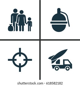 Warfare Icons Set. Collection Of Bombshell, Ordnance, Fugitive And Other Elements. Also Includes Symbols Such As People, Bombshell, Grenade.