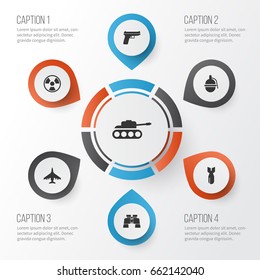 Warfare Icons Set. Collection Of Bombshell, Weapons, Aircraft And Other Elements. Also Includes Symbols Such As Danger, Binoculars, Dynamite.