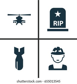 Warfare Icons Set. Collection Of Chopper, Rip, Rocket And Other Elements. Also Includes Symbols Such As Tomb, Soldier, Grave.