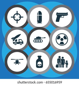 Warfare Icons Set. Collection Of Chopper, Weapons, Fugitive And Other Elements. Also Includes Symbols Such As Tank, Target, Rockets.