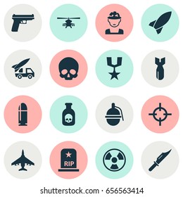 Warfare Icons Set. Collection Of Chopper, Aircraft, Danger And Other Elements. Also Includes Symbols Such As Grenade, Bio, Poison.