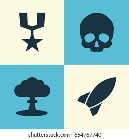 Warfare Icons Set. Collection Of Cranium, Order, Missile And Other Elements. Also Includes Symbols Such As Explosion, Medal, Nuclear.