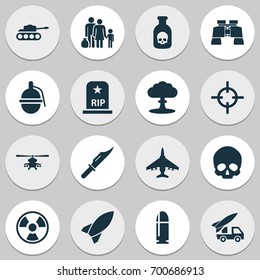 Warfare Icons Set. Collection Of Cranium, Aircraft, Slug And Other Elements. Also Includes Symbols Such As Chopper, Head, Atom.