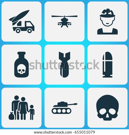 Warfare Icons Set. Collection Of Cranium, Ordnance, Panzer And Other Elements. Also Includes Symbols Such As Oficer, Rockets, Fugitive.