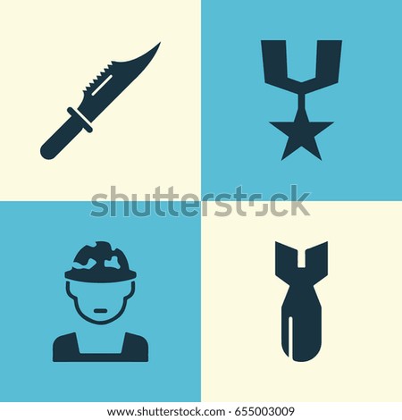 Warfare Icons Set. Collection Of Cutter, Military, Rocket And Other Elements. Also Includes Symbols Such As Knife, Soldier, Oficer.
