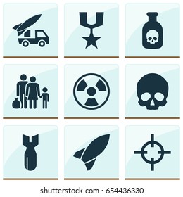 Warfare Icons Set. Collection Of Danger, Fugitive, Dangerous And Other Elements. Also Includes Symbols Such As Gong, Danger, Sniper.