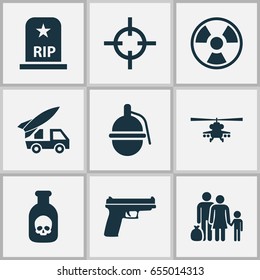 Warfare Icons Set. Collection Of Danger, Fugitive, Weapons And Other Elements. Also Includes Symbols Such As Grave, Military, Rockets.