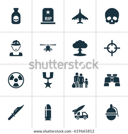 Warfare Icons Set. Collection Of Danger, Target, Aircraft And Other Elements. Also Includes Symbols Such As Knife, Oficer, Chopper.