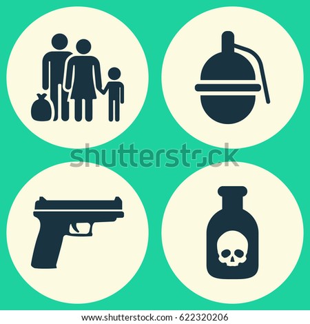 Warfare Icons Set. Collection Of Danger, Bombshell, Fugitive And Other Elements. Also Includes Symbols Such As Bombshell, Refugee, Fatal.