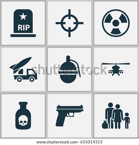 Warfare Icons Set. Collection Of Danger, Fugitive, Weapons And Other Elements. Also Includes Symbols Such As Grave, Military, Rockets.