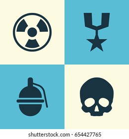 Warfare Icons Set. Collection Of Dangerous, Order, Cranium And Other Elements. Also Includes Symbols Such As Head, Gong, Skull.