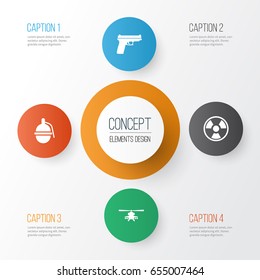 Warfare Icons Set. Collection Of Dangerous, Bombshell, Weapons And Other Elements. Also Includes Symbols Such As Danger, Hazard, Military.
