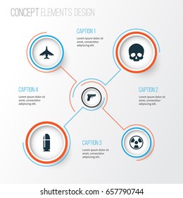Warfare Icons Set. Collection Of Dangerous, Weapons, Aircraft And Other Elements. Also Includes Symbols Such As Bomber, Danger, Skull.