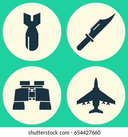 Warfare Icons Set. Collection Of Glass, Cutter, Aircraft And Other Elements. Also Includes Symbols Such As Dynamite, Binoculars, Knife.