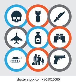 Warfare Icons Set. Collection Of Glass, Aircraft, Cranium And Other Elements. Also Includes Symbols Such As People, Bomber, Cutter.