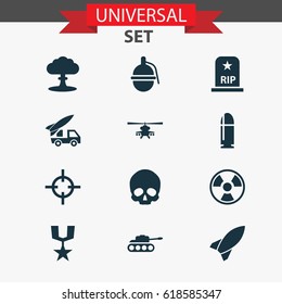 Warfare Icons Set. Collection Of Order, Atom, Ordnance And Other Elements. Also Includes Symbols Such As Skull, Rip, Medal.