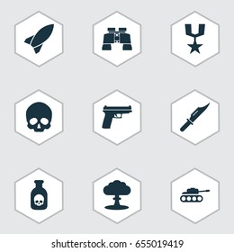 Warfare Icons Set. Collection Of Order, Danger, Atom And Other Elements. Also Includes Symbols Such As Atom, Danger, Cutter.