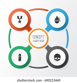 Warfare Icons Set. Collection Of Order, Slug, Cranium And Other Elements. Also Includes Symbols Such As Gong, Bombshell, Bullet.