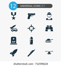 Warfare Icons Set. Collection Of Order, Chopper, Rip And Other Elements. Also Includes Symbols Such As Slug, Missile, Artillery.