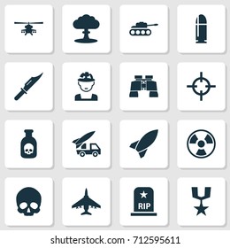 Warfare Icons Set. Collection Of Ordnance, Target, Panzer And Other Elements. Also Includes Symbols Such As Head, Mechanism, Soldier.