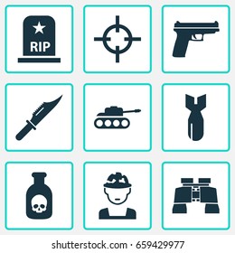Warfare Icons Set. Collection Of Rip, Target, Weapons And Other Elements. Also Includes Symbols Such As Gun, Fire, Fatal.