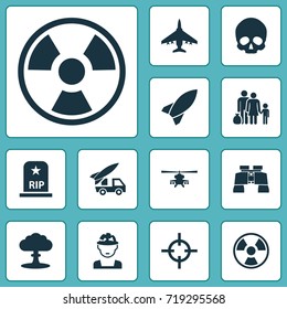 Warfare Icons Set. Collection Of Rip, Missile, Dangerous And Other Elements. Also Includes Symbols Such As Refugee, Skull, Rocket.