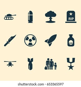 Warfare Icons Set. Collection Of Rocket, Dangerous, Fugitive And Other Elements. Also Includes Symbols Such As Mechanism, Nuclear, Medal.