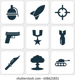 Warfare Icons Set. Collection Of Rocket, Target, Cutter And Other Elements. Also Includes Symbols Such As Target, Atom, Rocket.