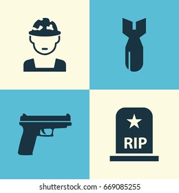 Warfare Icons Set. Collection Of Rocket, Military, Rip And Other Elements. Also Includes Symbols Such As Soldier, Fire, Oficer.