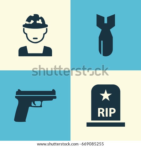 Warfare Icons Set. Collection Of Rocket, Military, Rip And Other Elements. Also Includes Symbols Such As Soldier, Fire, Oficer.
