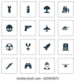 Warfare Icons Set. Collection Of Slug, Military, Weapons And Other Elements. Also Includes Symbols Such As Danger, Bomb, Oficer.
