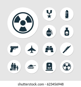 Warfare Icons Set. Collection Of Slug, Order, Rip And Other Elements. Also Includes Symbols Such As People, Mechanism, Bombshell.