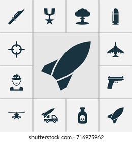 Warfare Icons Set. Collection Of Slug, Aircraft, Target And Other Elements. Also Includes Symbols Such As Bomber, Weapons, Soldier.
