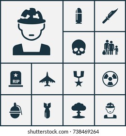 Warfare Icons Set. Collection Of Slug, Cranium, Bombshell And Other Elements. Also Includes Symbols Such As Knife, Danger, Slug.