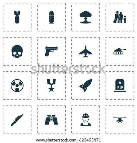 Warfare Icons Set. Collection Of Slug, Military, Weapons And Other Elements. Also Includes Symbols Such As Danger, Bomb, Oficer.